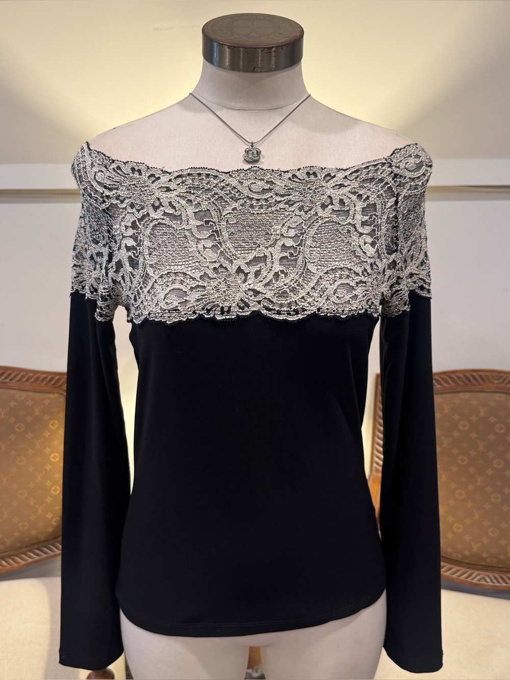 Vintage 90s Off-Shoulder Black Top with Cream Lace Trim Whimsygoth Grunge Fairy